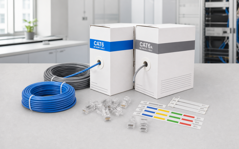 Cat6 and Cat6A network cable boxes with RJ45 connectors